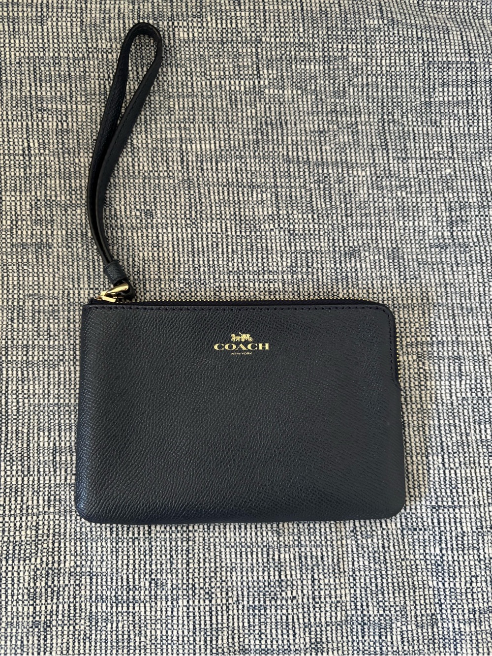 Coach Navy Leather Wristlet with Gold Logo and Strap